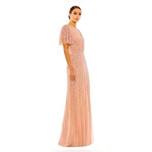 Mac Duggal Beaded Leaves Butterfly Sleeve Gown, nude/blush